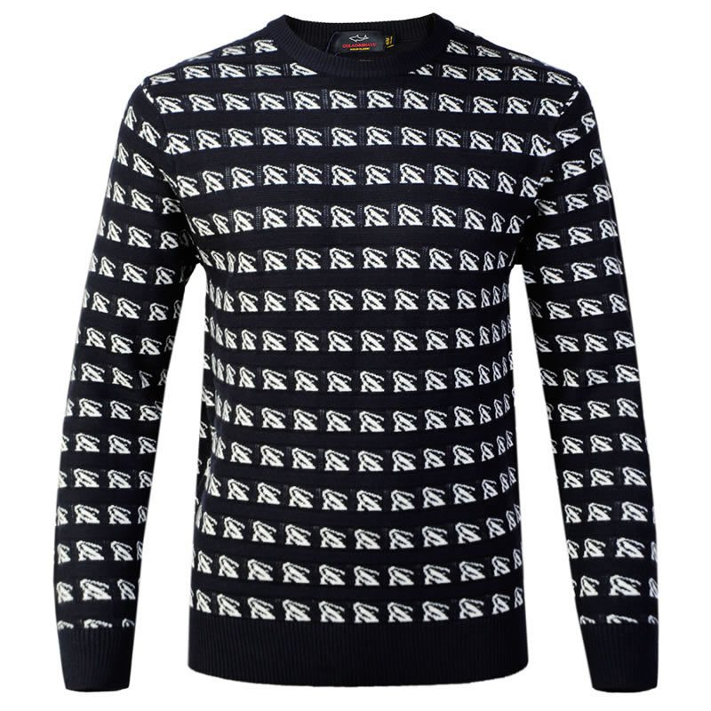 古老鲨鱼秋冬羊毛衫男士圆领几何图案时尚提花条纹针织衫