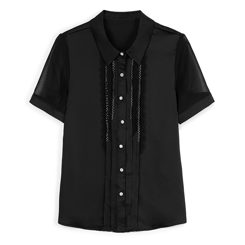 ceba黑色衬衫女夏新款洋气花边女装气质雪纺短袖上衣v领开衫减龄衬衣