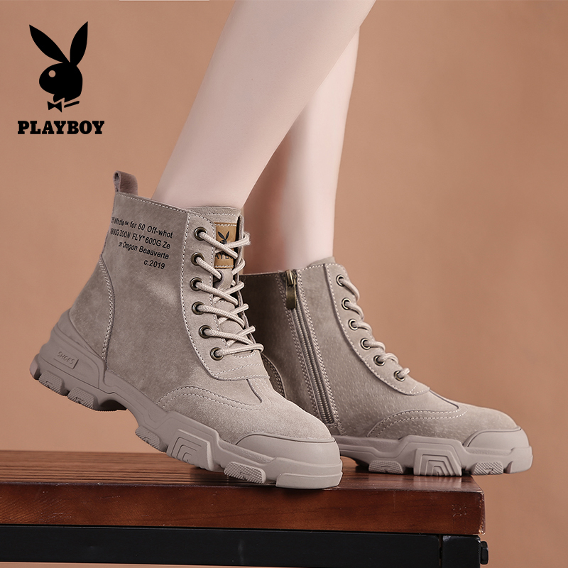 PLAYBOY/花花公子冬季新款加绒复古百搭马丁靴女透气英伦风短靴厚底学生短靴薄