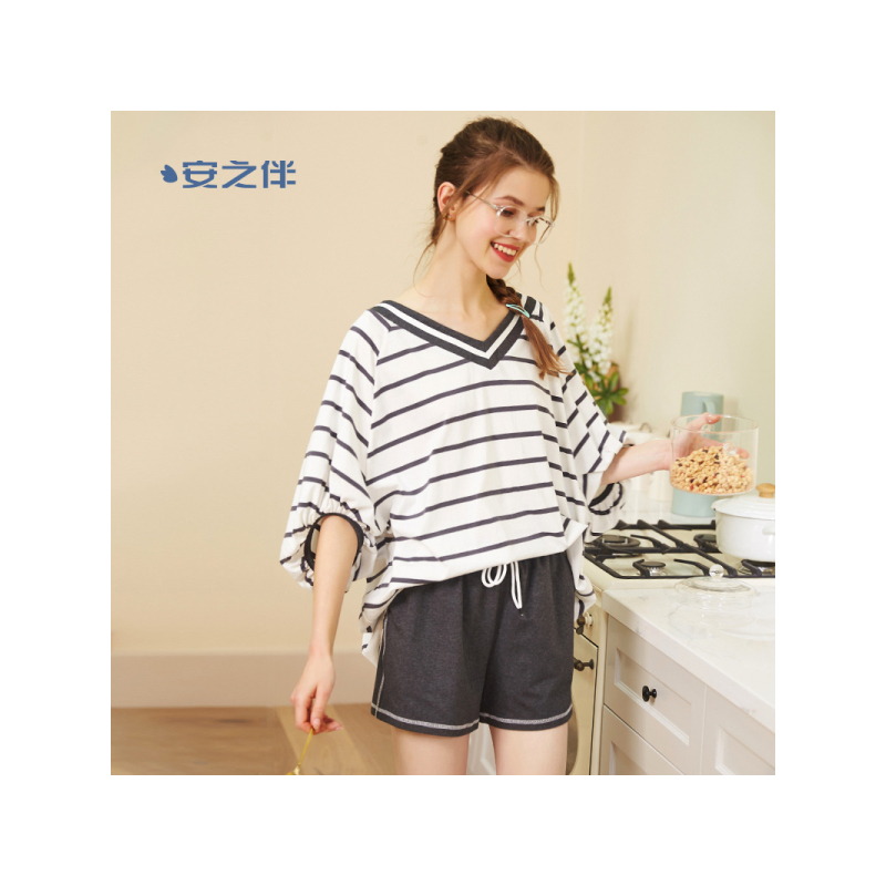 安之伴情侣睡衣女夏季薄款条纹V领棉质短袖休闲宽松男家居服睡裙
