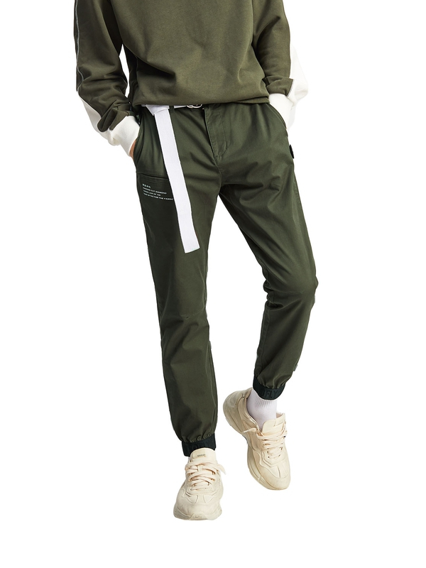 黑鲸字母印花束口休闲裤秋季男装织带装饰长裤男CKCAJ38113A