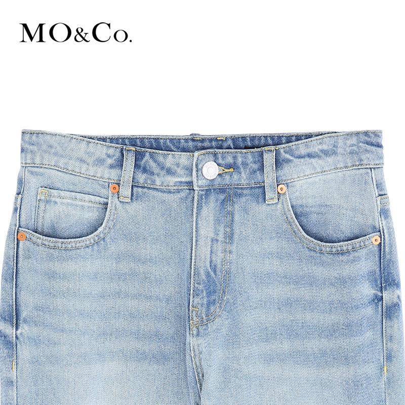 MOCO2018夏季洗水破洞介烂直筒毛边牛仔裤 摩安珂