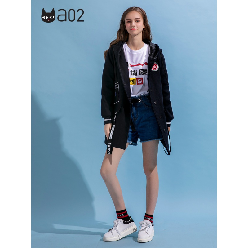 a02新款潮流刺绣印花字母飘带中长款毛呢外套女DTU5B0351CT