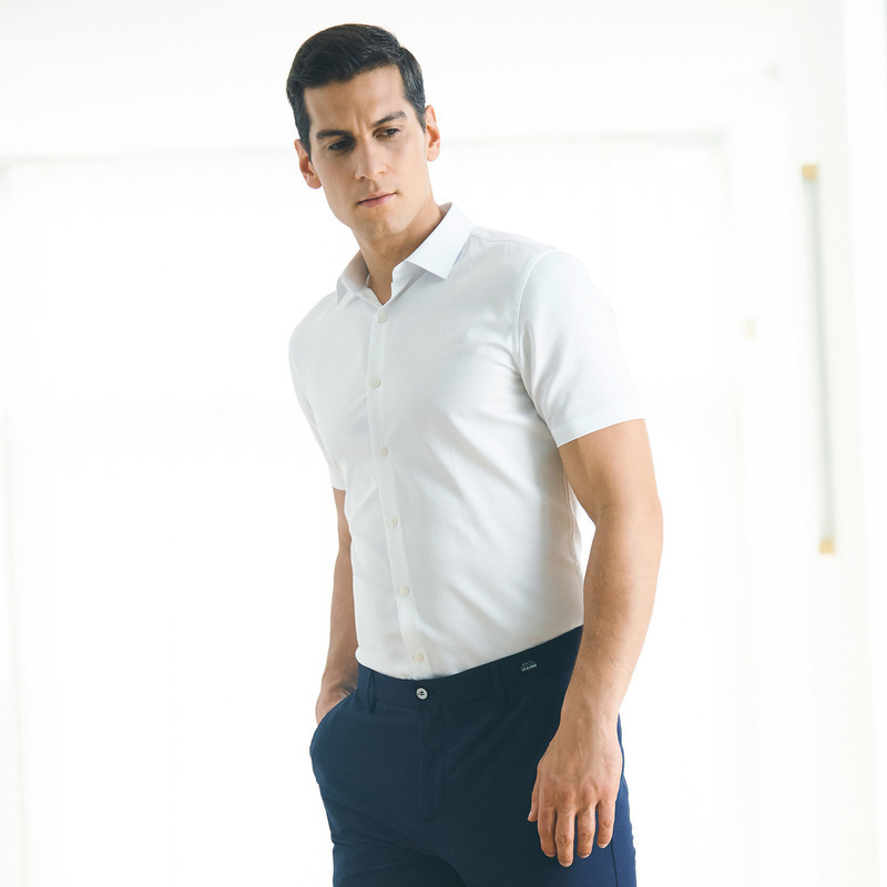 依文新款夏季白衬衫男短袖衬衣男士短袖商务休闲纯色衬衫ed680161