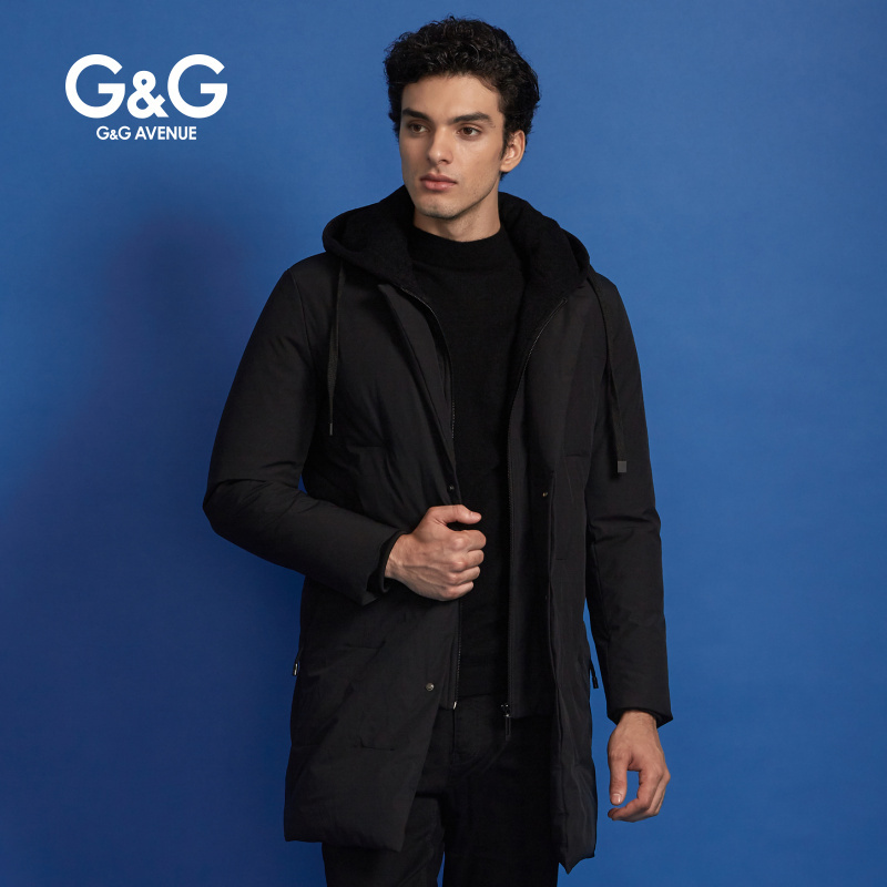 G＆G 男士2018冬季新款羽绒服男中长款连帽修身帅气冬装休闲外套