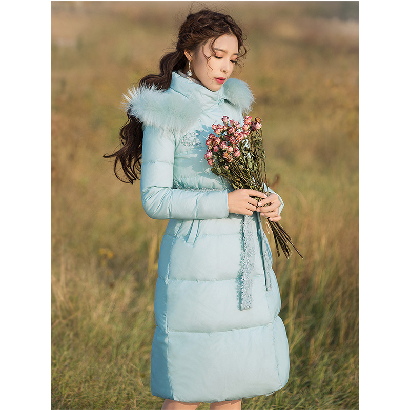 烟花烫冬装女2018新款清新刺绣中长款羽绒服 九华3741940
