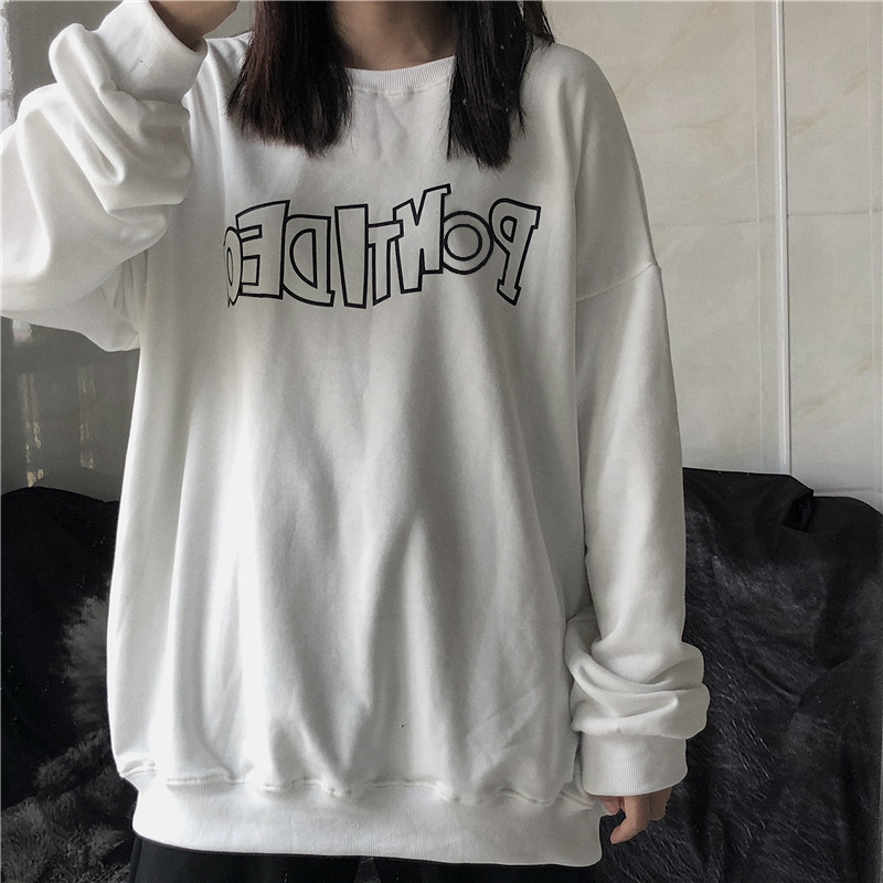 秋季新款宽松字母印花圆领长袖卫衣女学生薄款外套衣服女