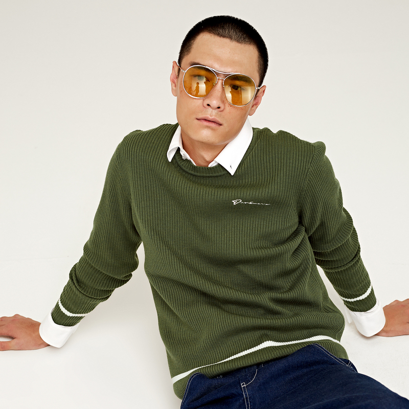 gxg男装秋季男士时尚青年都市潮流毛衣绿色修身圆领毛衫针织衫男