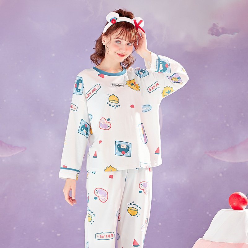 芬腾纯棉睡衣女春秋长袖宽松可爱少女套头春夏薄款学生家居服套装