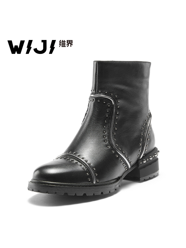 WIJI短靴子女新款英伦粗跟潮流时尚个性马丁靴真皮耐磨百搭休闲鞋