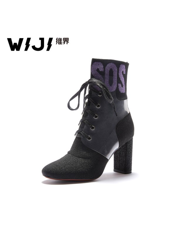 WIJI2018秋季新款摩登粗跟女靴街头嘻哈时尚袜子鞋ulzzang原宿鞋