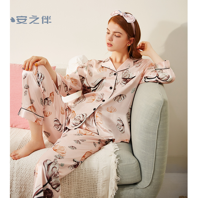 安之伴特卖睡衣女秋冰丝卡通七分长袖韩版宽松仿真丝绸两件家居服套装