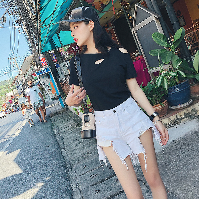 凡兔2018夏季新款女装纯色性感漏肩短袖女士T恤