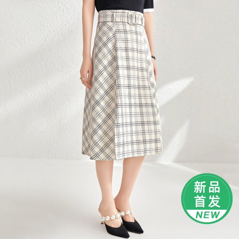 OUNIXUE欧昵雪 | [文艺范格纹A字裙]夏季复古高腰配腰带性感开叉半身裙女士