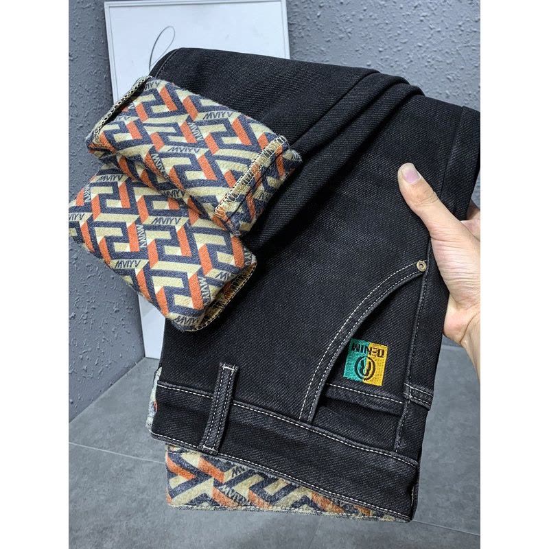 加绒彩底棉欧货牛仔裤男款冬季新款弹力长裤男刺绣舒适百搭直筒裤图片