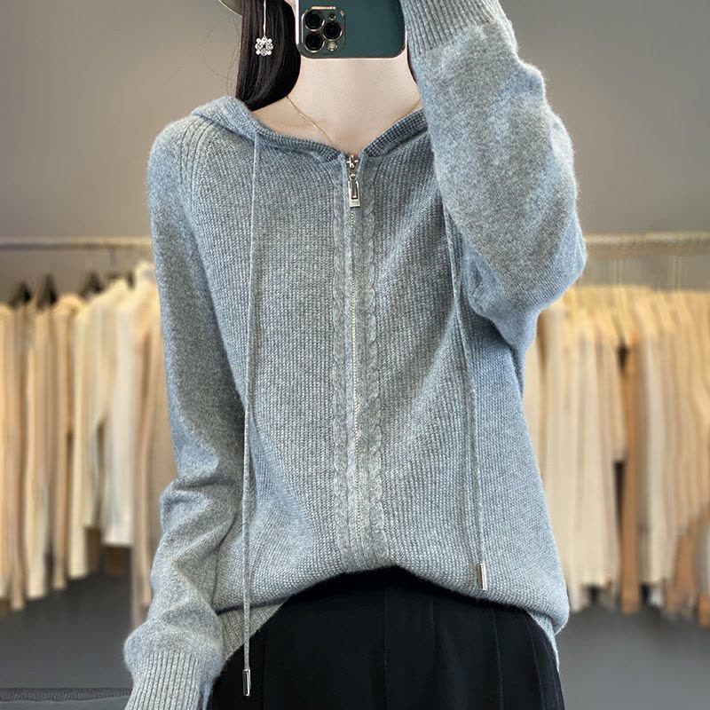 韩版女装安迪绒帽衫双拉链连帽毛衣秋冬新款外套针织衫开衫图片