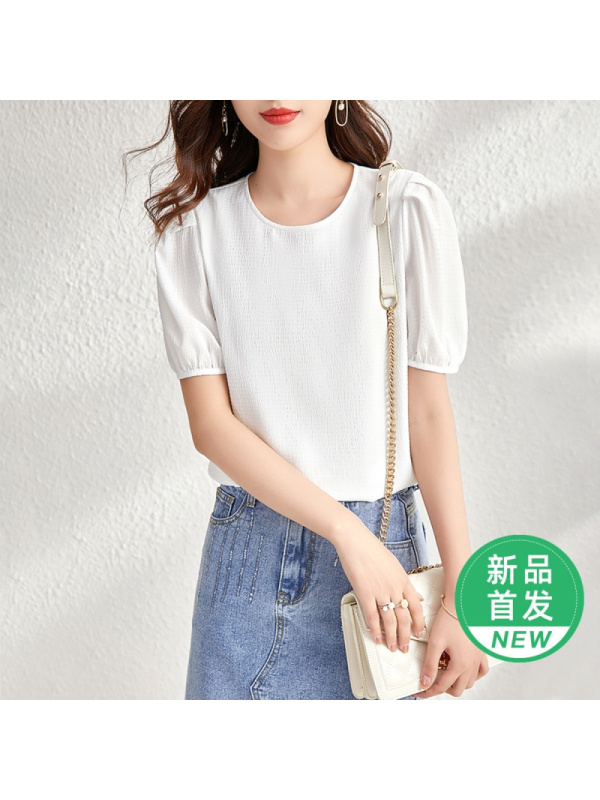 OUNIXUE欧昵雪 | [气质圆领上衣]夏季淑女范泡泡肩T恤百搭套头休闲女士短袖