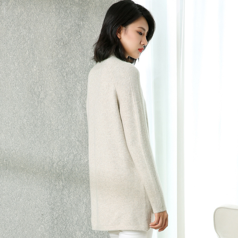 恒源祥慵懒风厚毛衣女宽松秋冬花线纯羊绒衫半高领针织衫前短后长