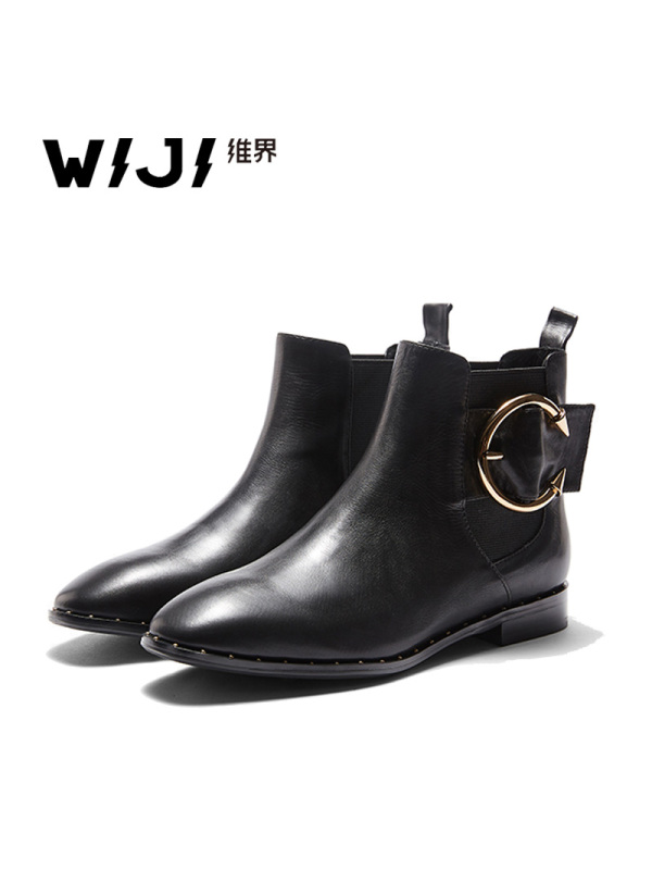 WIJI2018冬季新款时尚休闲纯色女靴环扣设计透气舒适个性方头女靴