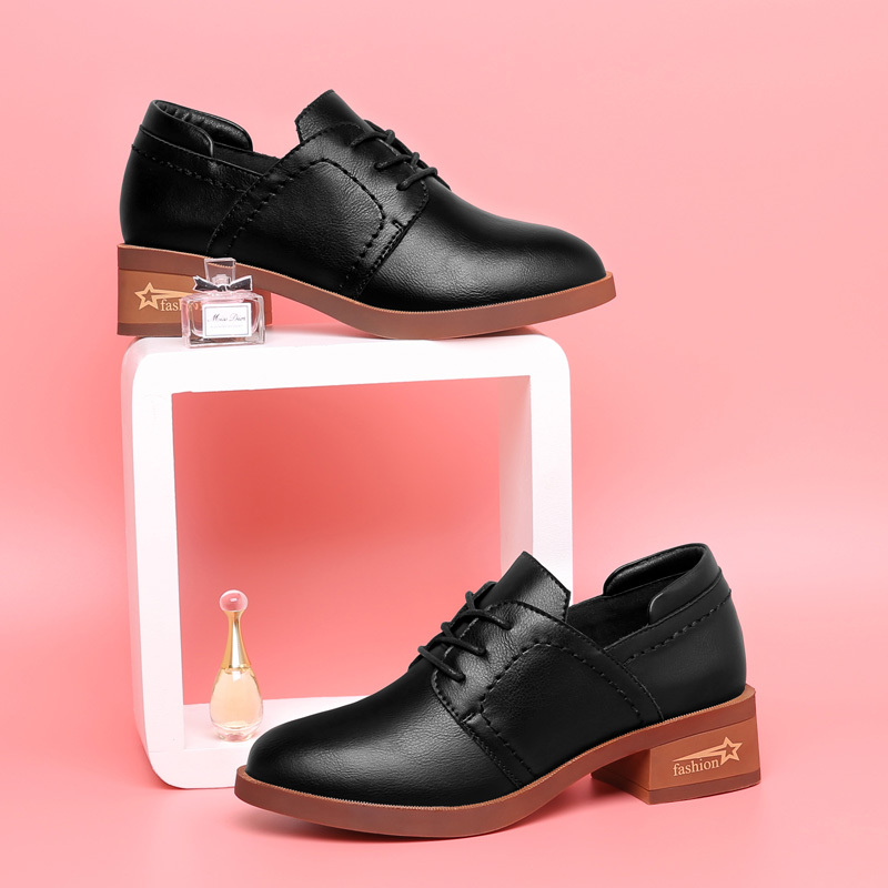 jindun黑色休闲鞋女秋季韩版尖头中跟粗跟百搭复古英伦牛津鞋潮6539