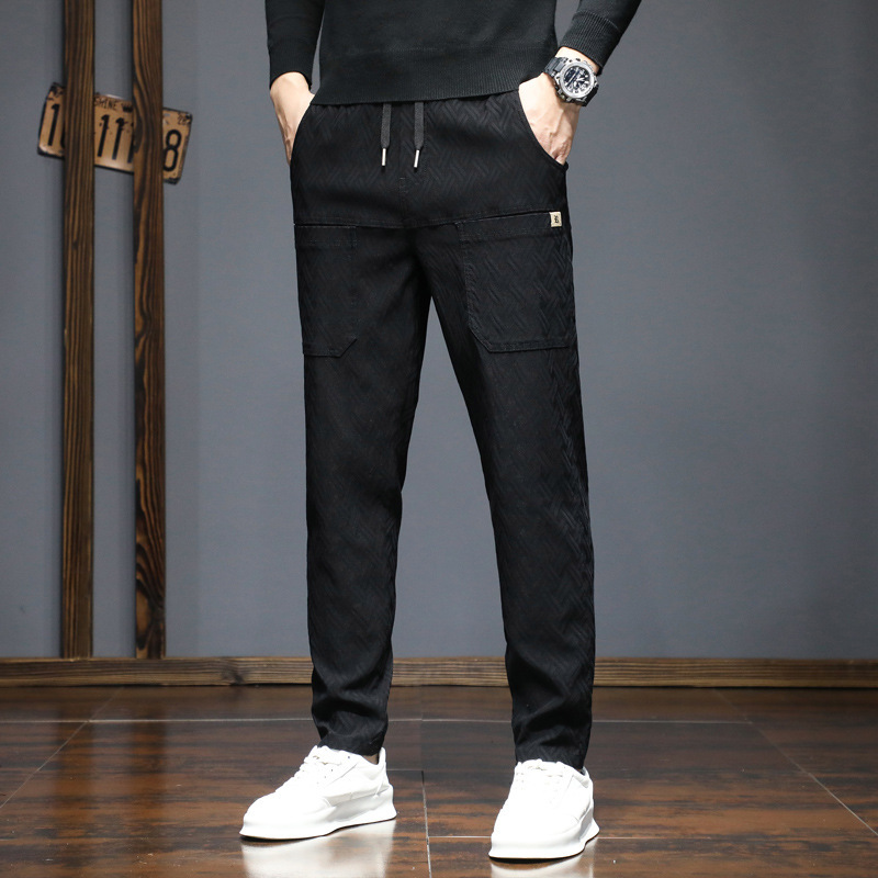 2023秋季新款六袋提花休闲裤男弹力修身直筒六兜裤子男士长裤