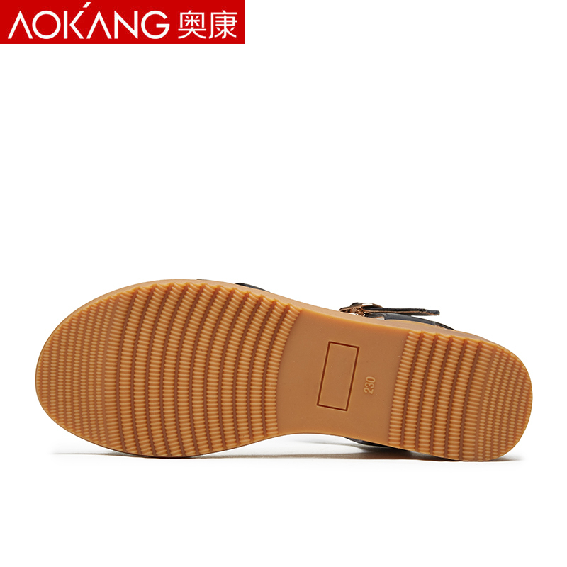 奥康凉鞋女夏季透气舒适牛皮休闲妈妈皮凉鞋平底罗马女凉鞋