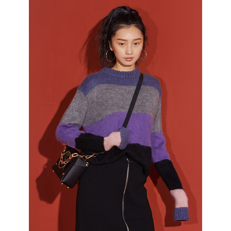 森宿拼色条纹海马毛纱线毛衣女秋冬装2018套头中长款长袖上衣