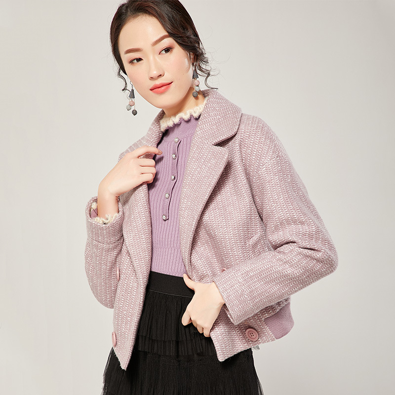 欧昵雪秋冬小个子落肩长袖呢子大衣女宽松显瘦短款毛呢外套