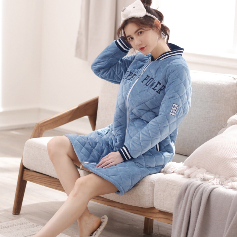 安之伴冬季女士加厚三层法兰绒夹棉睡衣保暖珊瑚绒棉袄家居服睡袍