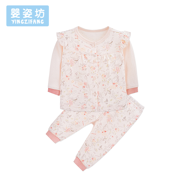 新款秋装女童碎花单排扣两件套圆领花边长袖拼接前开扣两件套