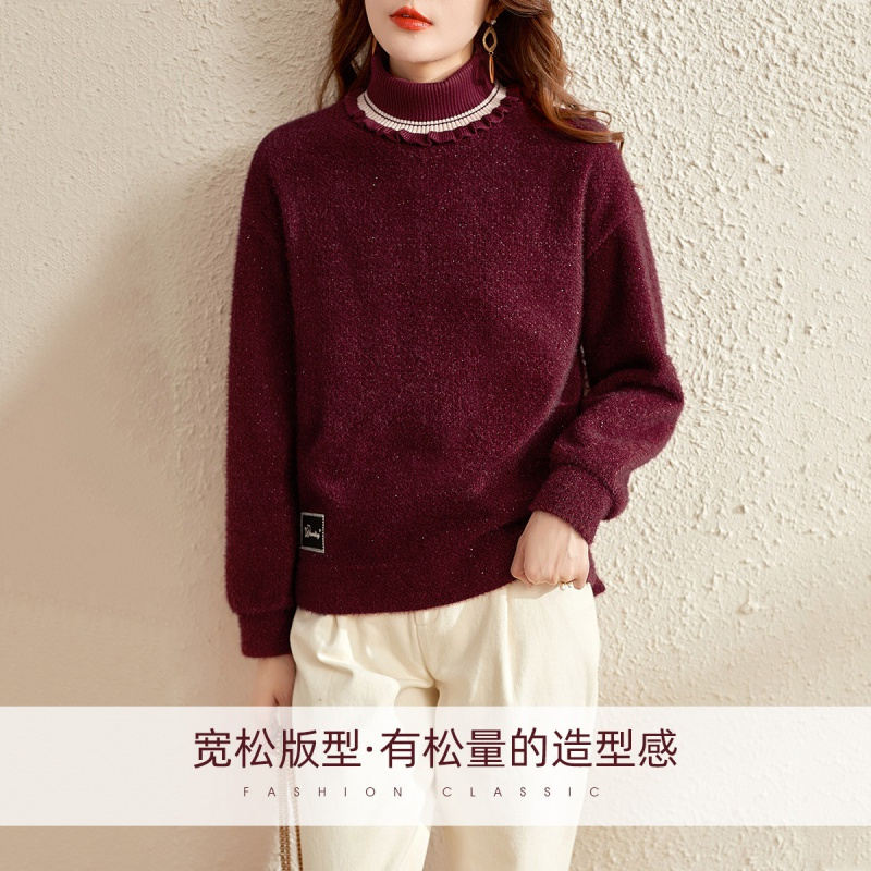OUNIXUE欧昵雪 | [复古雪貂绒显瘦上衣]秋冬季减龄荷叶褶半高领套头卫衣女