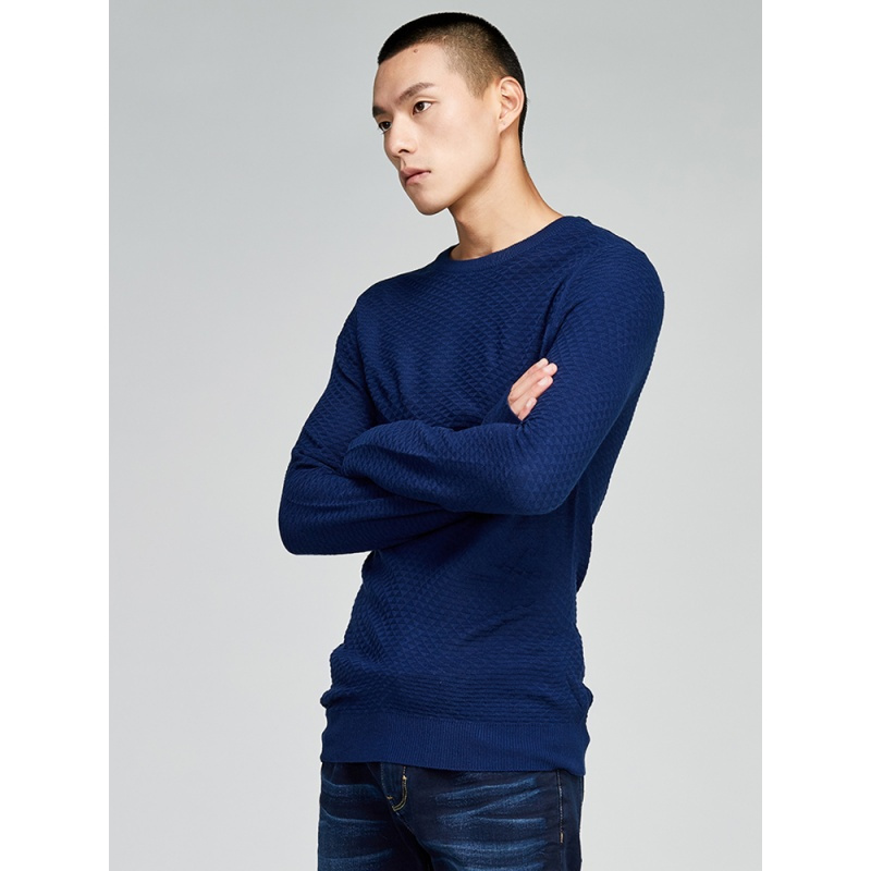 gxg毛衫男装秋季男士时尚休闲都市流行潮流修身圆领深蓝色毛衣男报价_