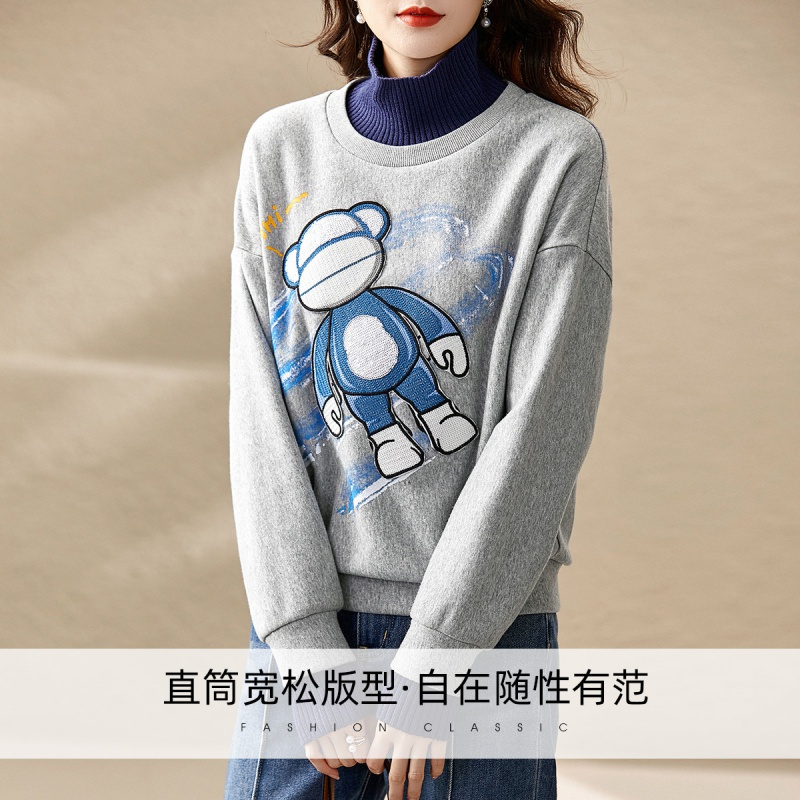 OUNIXUE欧昵雪 | 秋冬拼接假两件半高领印花保暖抓绒女卫衣套时尚套头长袖百搭上衣