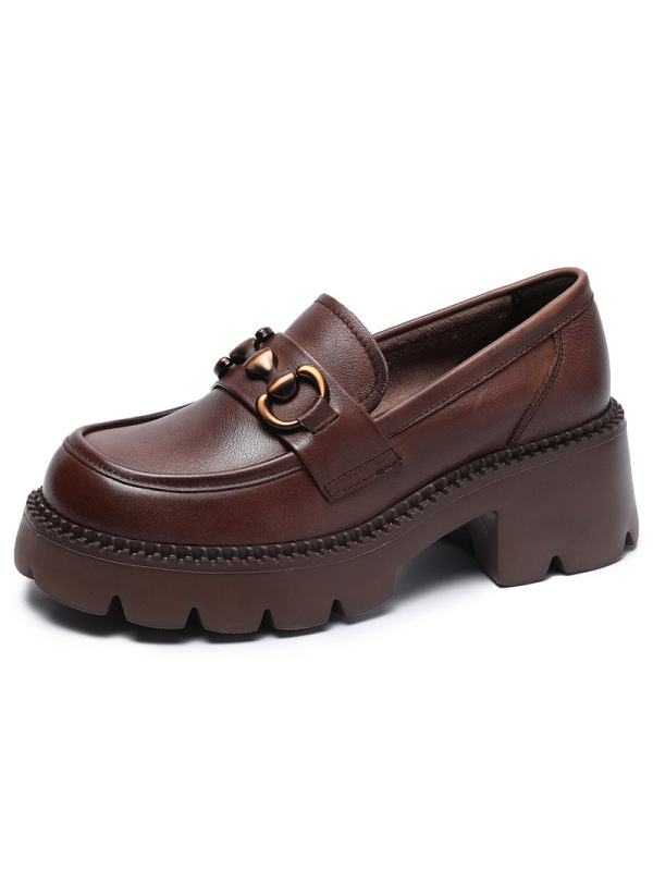 年春夏新款真皮乐福鞋女松糕底搭扣jk单鞋粗跟增高厚底小皮鞋