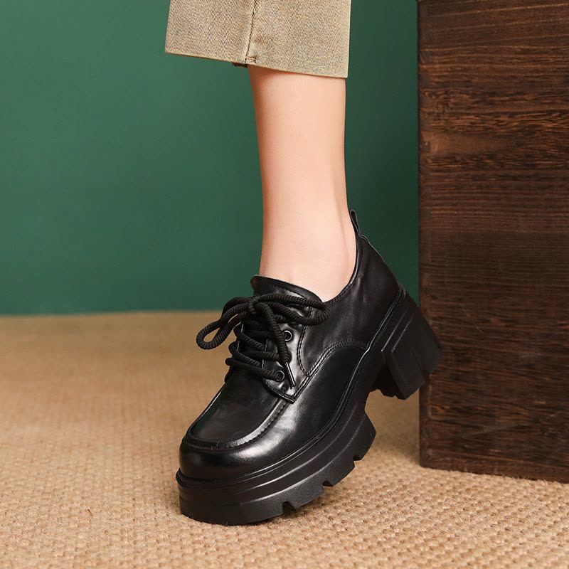 头层牛皮英伦风松糕厚底小皮鞋女2025春季新款时尚百搭系带单鞋图片