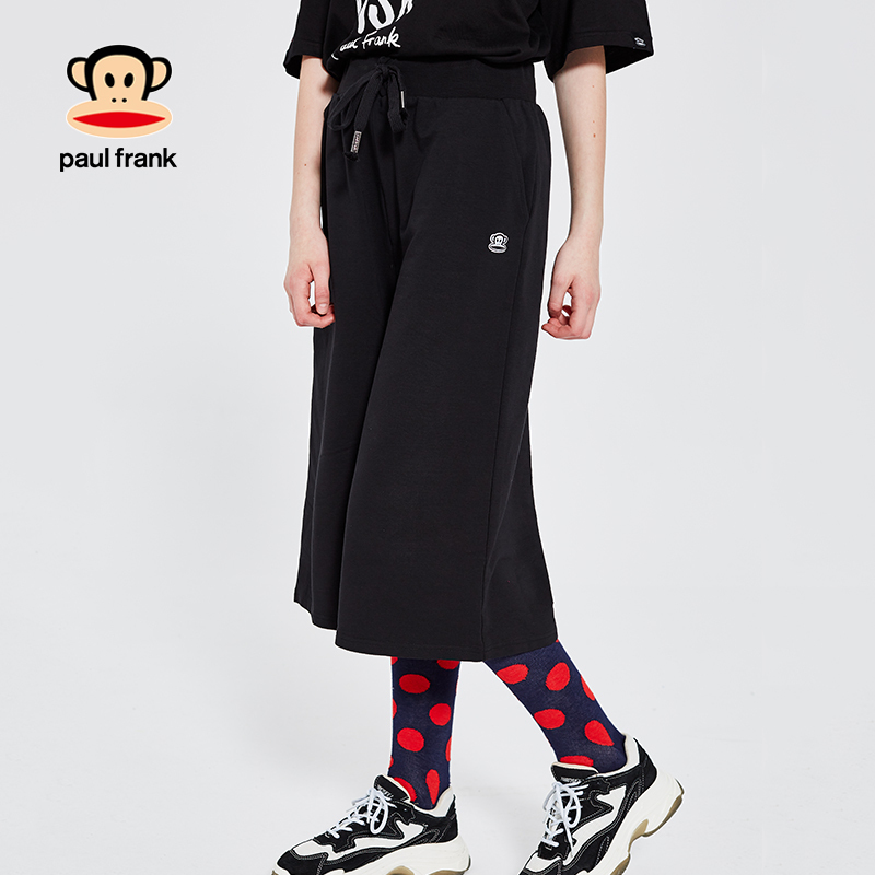 Paul Frank/大嘴猴2019夏季新款七分裤女黑色韩版直筒裤子抽绳潮