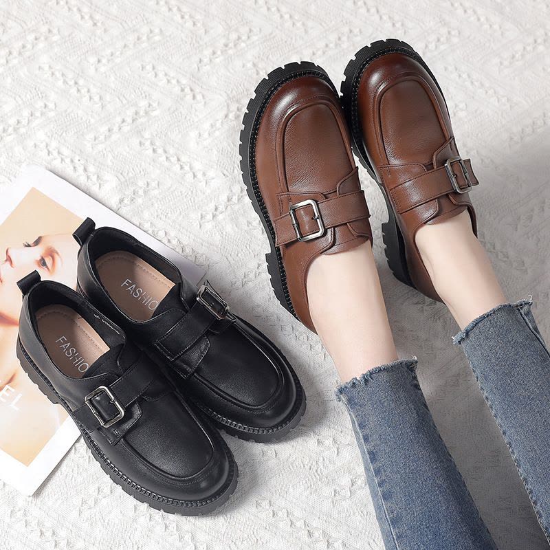 真皮英伦风小皮鞋女2025春新款厚底软底小码复古百搭皮带扣乐福鞋图片