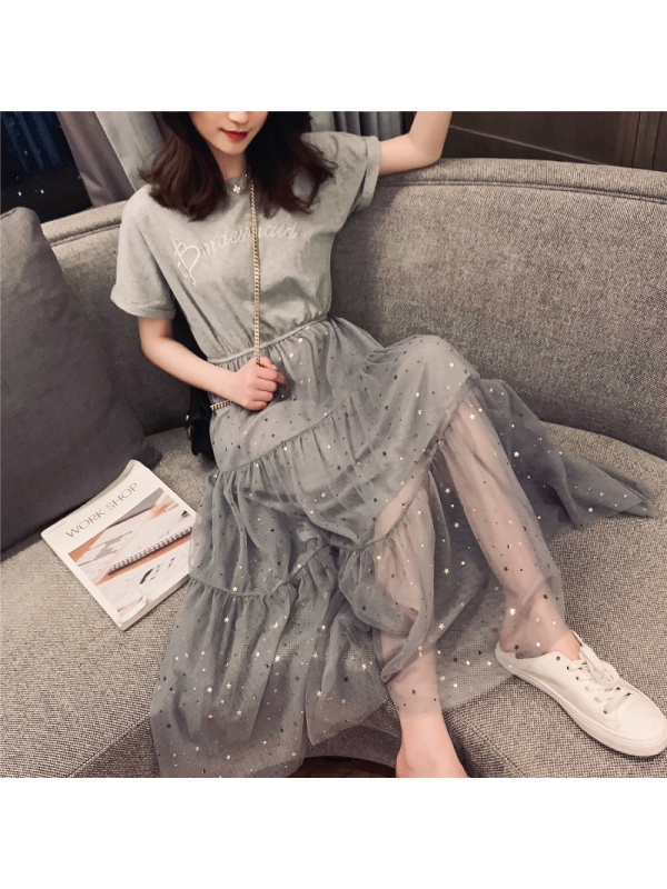 【秀衣记】连衣裙夏季女装A字裙亮片网纱短袖裙子学生韩版宽松中长款仙女裙