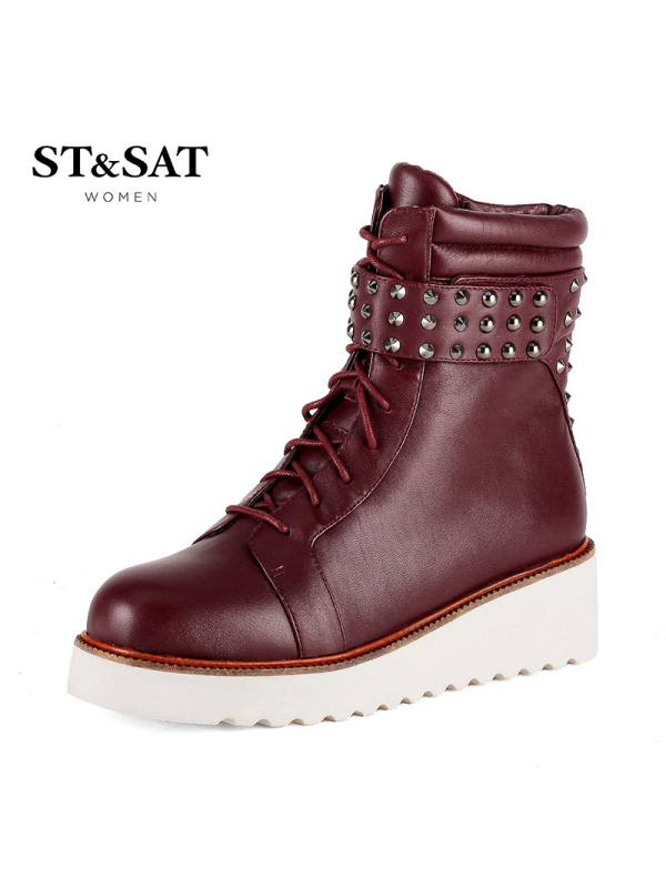星期六ST&SAT牛皮圆头中跟系带铆钉女靴SS54112987