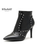 St&Sat/星期六冬新款牛皮尖头金属铆钉高跟短靴女靴子SS64117054