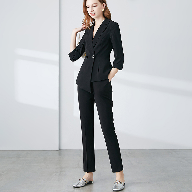 晚白2020秋季新品两件套纯色西装外套高腰西装休闲裤时尚套装女