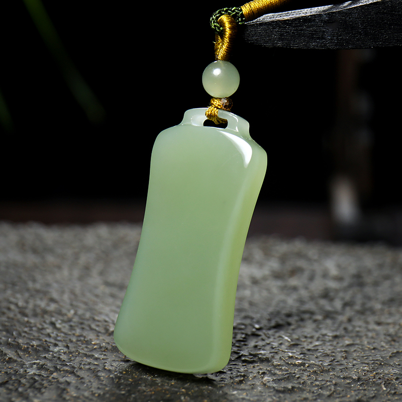 印象眸和田玉无事牌吊坠情侣款浅青玉镜面平安无饰玉牌附证书