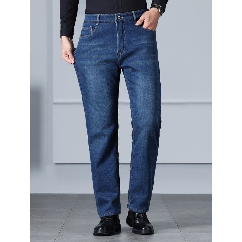 高腰大码加绒牛仔裤男 品质舒适裤男士 冬季羊羔绒休闲直筒裤男款图片