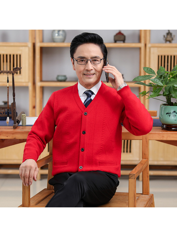 长袖纯色提花加厚开衫中年保暖大红喜庆外套爸爸装秋冬男式羊毛衫
