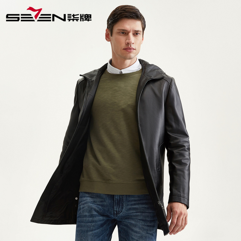 柒牌SEVEN男装皮衣2019秋冬中长款真皮连帽上衣休闲商务男士大衣