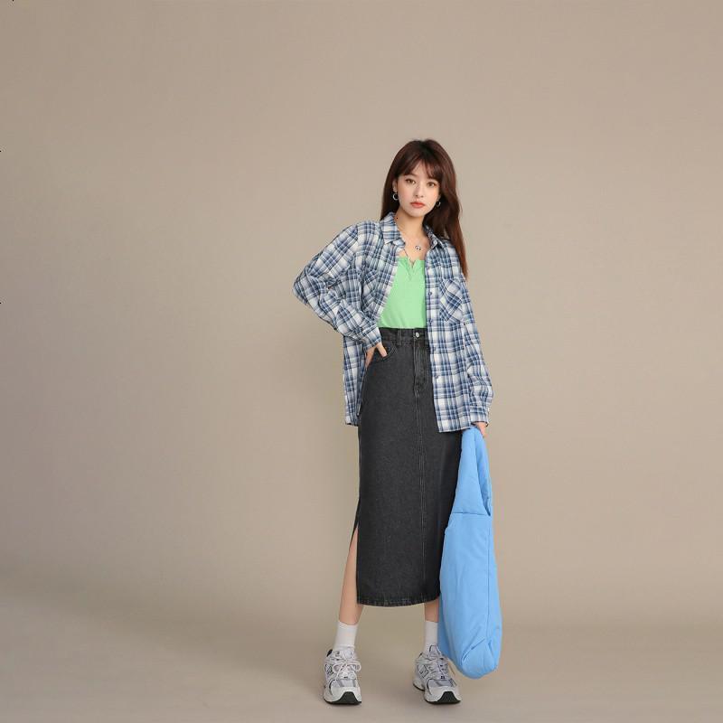 OtherMix蓝色格子衬衫2021年新款衬衣女设计感小众长袖春季上衣潮