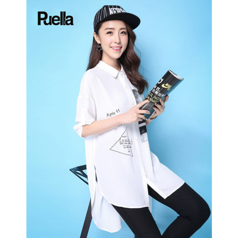 拉夏贝尔Puella普埃拉2018夏装新款休闲直筒长袖印花后摆衬衫女 20007786 S 白色 甜美淑女 简约优雅