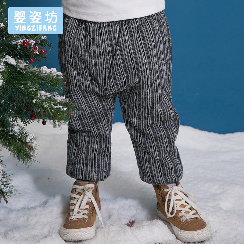 婴姿坊童装男童加绒加厚收脚长裤宝宝松紧格子棉裤冬季