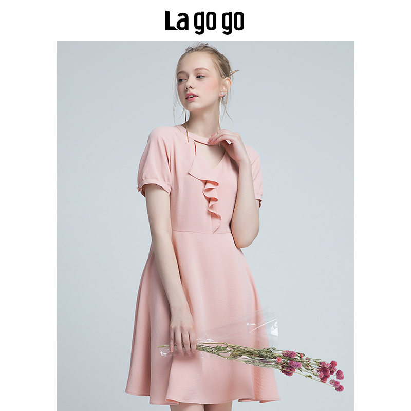 !Lagogo2018年夏新款女装粉色圆领花边连衣裙雪纺短袖高腰短裙