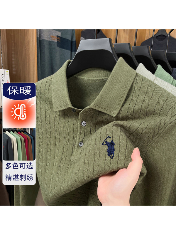 时尚刺绣翻领毛衣男秋冬新款长袖保暖打底男士针织polo衫